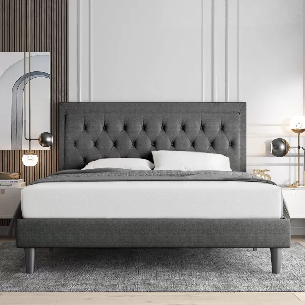 Allewie Queen Size Button Tufted Platform Bed FrameFabric Upholstered Bed Frame with Adjustable HeadboardWood Slat SupportMattress FoundationDark Grey QueenDark Grey