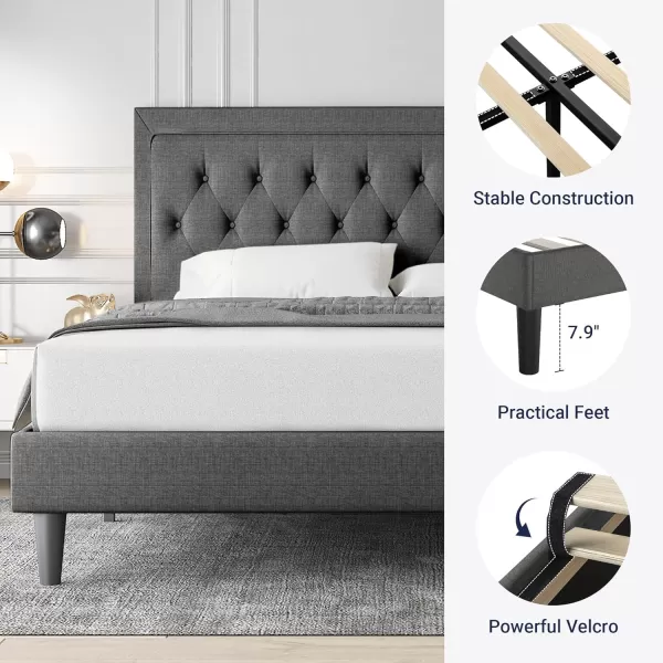 Allewie Queen Size Button Tufted Platform Bed FrameFabric Upholstered Bed Frame with Adjustable HeadboardWood Slat SupportMattress FoundationDark Grey QueenDark Grey