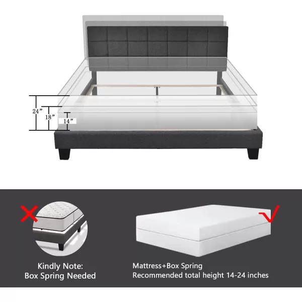 Allewie Queen Size Panel Bed Frame with Adjustable Headboard for High ProfileFabric UpholsteredSquare Stitched Padded HeadboardBox Spring or Bunkie Board RequiredDark GreyGrey