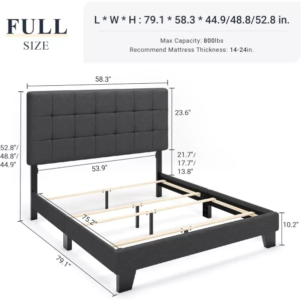 Allewie Queen Size Panel Bed Frame with Adjustable Headboard for High ProfileFabric UpholsteredSquare Stitched Padded HeadboardBox Spring or Bunkie Board RequiredDark GreyGrey