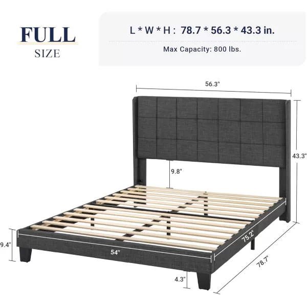 Allewie Queen Size Platform Bed Frame with Wingback Fabric Upholstered Square Stitched Headboard and Wooden Slats Mattress Foundation Box Spring Optional Easy Assembly Dark BlueDark Grey