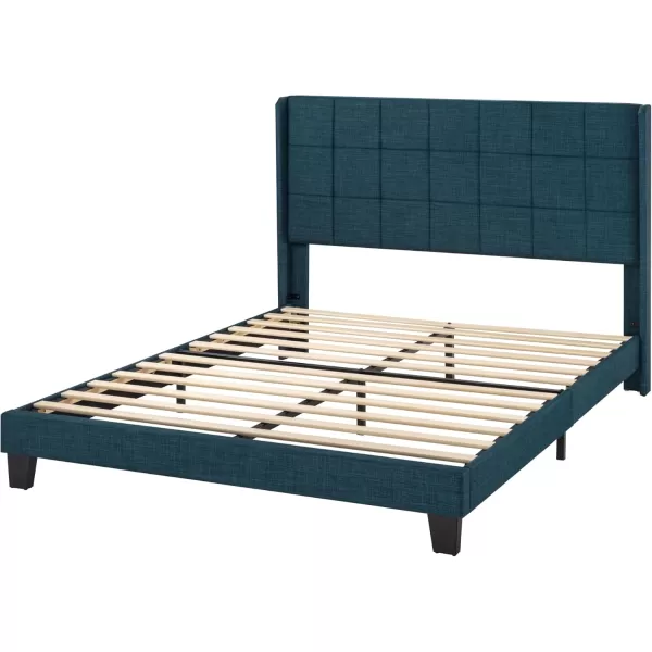 Allewie Queen Size Platform Bed Frame with Wingback Fabric Upholstered Square Stitched Headboard and Wooden Slats Mattress Foundation Box Spring Optional Easy Assembly Dark BlueDark Blue