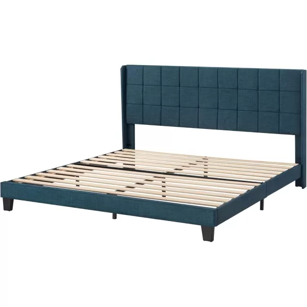 Allewie Queen Size Platform Bed Frame with Wingback Fabric Upholstered Square Stitched Headboard and Wooden Slats Mattress Foundation Box Spring Optional Easy Assembly Dark BlueDark Blue