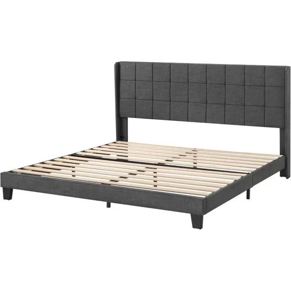 Allewie Queen Size Platform Bed Frame with Wingback Fabric Upholstered Square Stitched Headboard and Wooden Slats Mattress Foundation Box Spring Optional Easy Assembly Dark BlueDark Grey