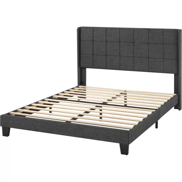 Allewie Queen Size Platform Bed Frame with Wingback Fabric Upholstered Square Stitched Headboard and Wooden Slats Mattress Foundation Box Spring Optional Easy Assembly Dark BlueDark Grey