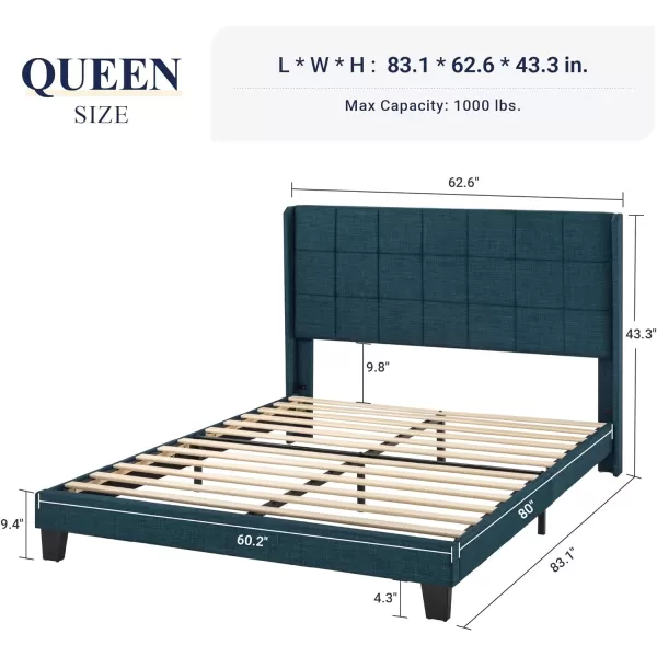 Allewie Queen Size Platform Bed Frame with Wingback Fabric Upholstered Square Stitched Headboard and Wooden Slats Mattress Foundation Box Spring Optional Easy Assembly Dark BlueDark Blue