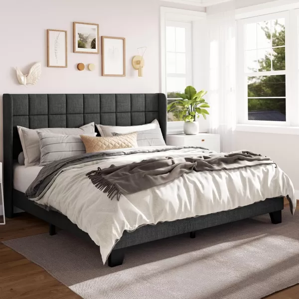 Allewie Queen Size Platform Bed Frame with Wingback Fabric Upholstered Square Stitched Headboard and Wooden Slats Mattress Foundation Box Spring Optional Easy Assembly Dark BlueDark Grey