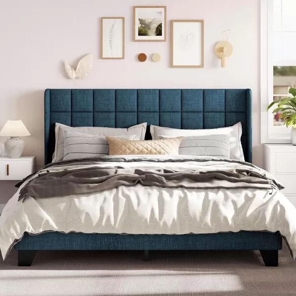 Allewie Queen Size Platform Bed Frame with Wingback Fabric Upholstered Square Stitched Headboard and Wooden Slats Mattress Foundation Box Spring Optional Easy Assembly Dark BlueDark Blue