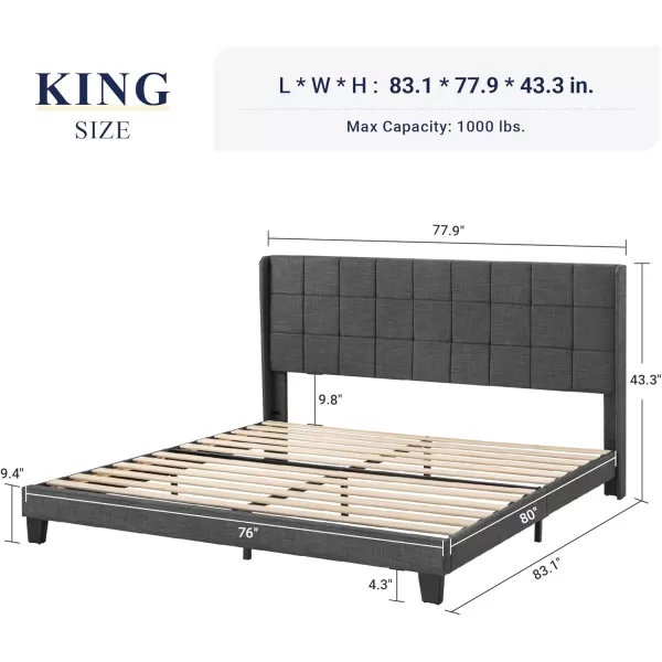 Allewie Queen Size Platform Bed Frame with Wingback Fabric Upholstered Square Stitched Headboard and Wooden Slats Mattress Foundation Box Spring Optional Easy Assembly Dark BlueDark Grey