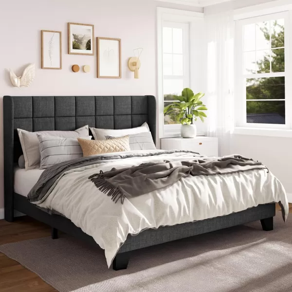 Allewie Queen Size Platform Bed Frame with Wingback Fabric Upholstered Square Stitched Headboard and Wooden Slats Mattress Foundation Box Spring Optional Easy Assembly Dark BlueDark Grey