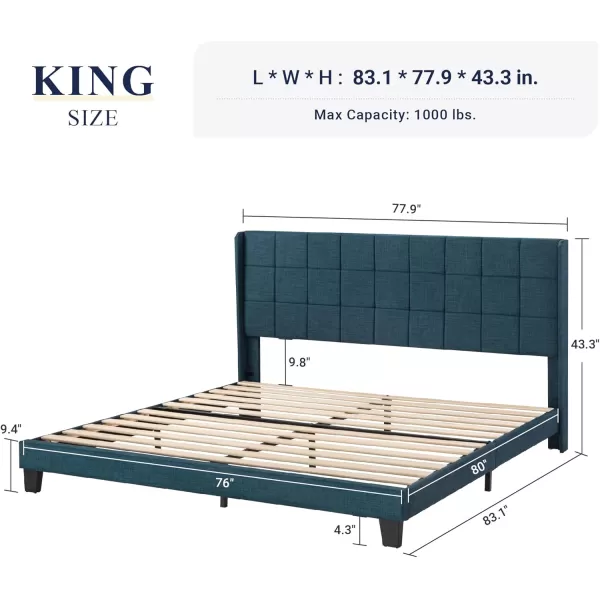 Allewie Queen Size Platform Bed Frame with Wingback Fabric Upholstered Square Stitched Headboard and Wooden Slats Mattress Foundation Box Spring Optional Easy Assembly Dark BlueDark Blue