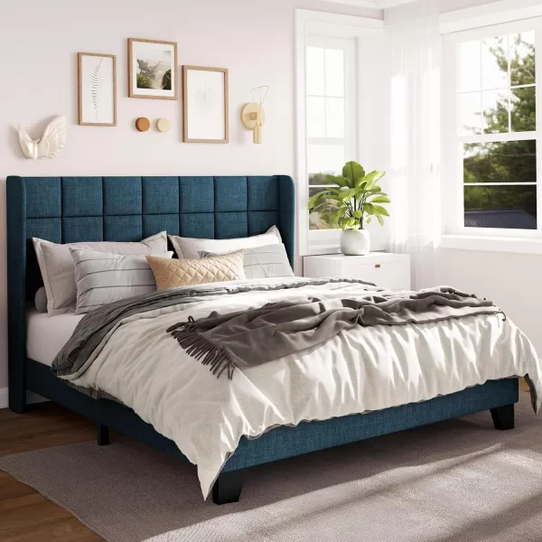 Allewie Queen Size Platform Bed Frame with Wingback Fabric Upholstered Square Stitched Headboard and Wooden Slats Mattress Foundation Box Spring Optional Easy Assembly Dark BlueDark Blue