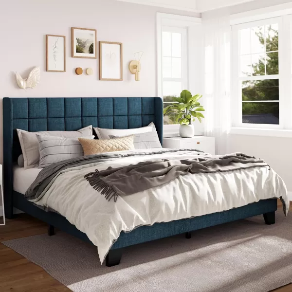 Allewie Queen Size Platform Bed Frame with Wingback Fabric Upholstered Square Stitched Headboard and Wooden Slats Mattress Foundation Box Spring Optional Easy Assembly Dark BlueDark Blue