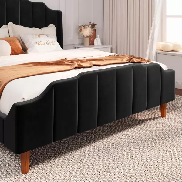 Allewie Queen Size Velvet Bed Frame Upholstered Platform Bed with Vertical Headboard and Footboard Solid Wood Leg and Strong Slats Support No Box Spring Needed Easy Assembly BlueBlack