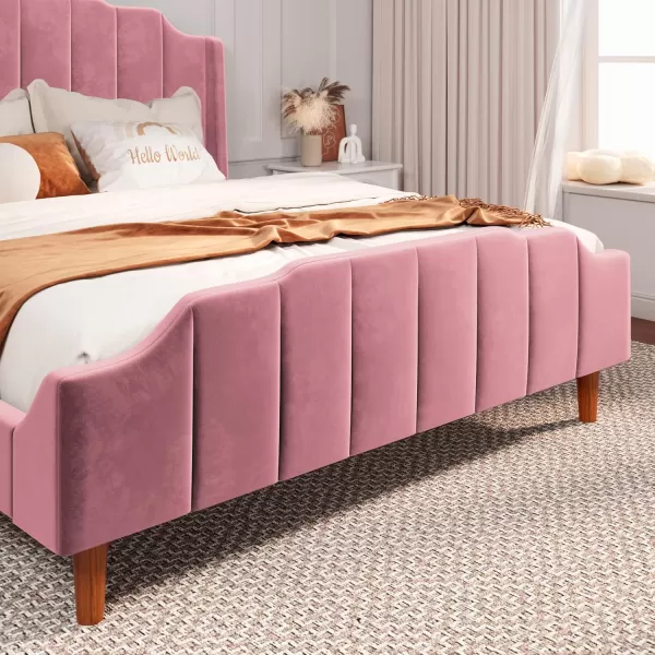 Allewie Queen Size Velvet Bed Frame Upholstered Platform Bed with Vertical Headboard and Footboard Solid Wood Leg and Strong Slats Support No Box Spring Needed Easy Assembly BluePink