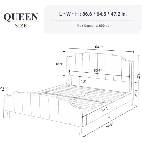 Allewie Queen Size Velvet Bed Frame Upholstered Platform Bed with Vertical Headboard and Footboard Solid Wood Leg and Strong Slats Support No Box Spring Needed Easy Assembly BlueBlack