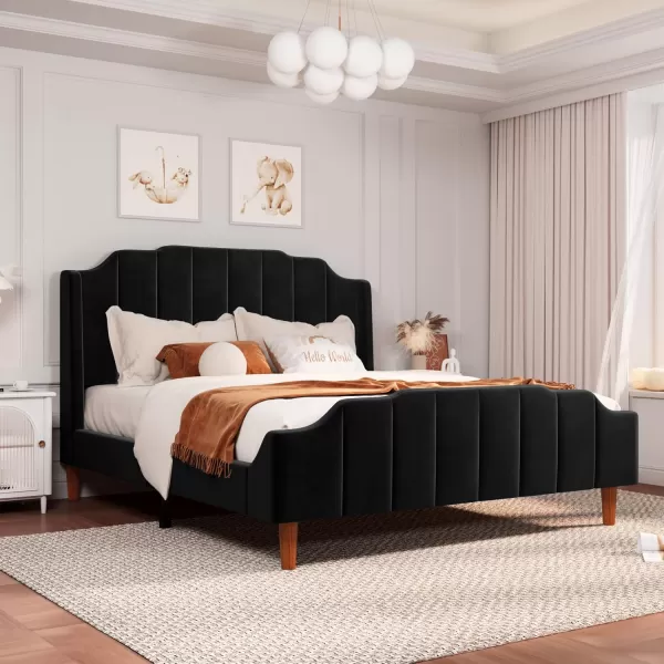 Allewie Queen Size Velvet Bed Frame Upholstered Platform Bed with Vertical Headboard and Footboard Solid Wood Leg and Strong Slats Support No Box Spring Needed Easy Assembly BlueBlack