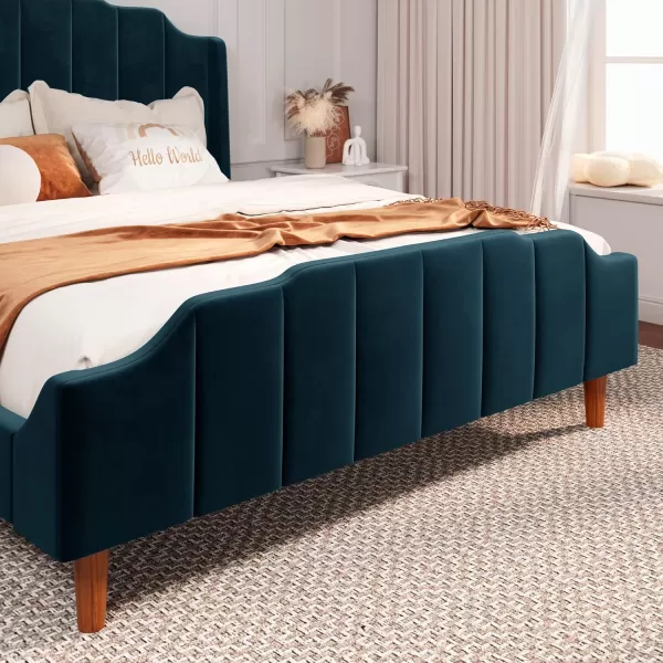 Allewie Queen Size Velvet Bed Frame Upholstered Platform Bed with Vertical Headboard and Footboard Solid Wood Leg and Strong Slats Support No Box Spring Needed Easy Assembly BlueBlue