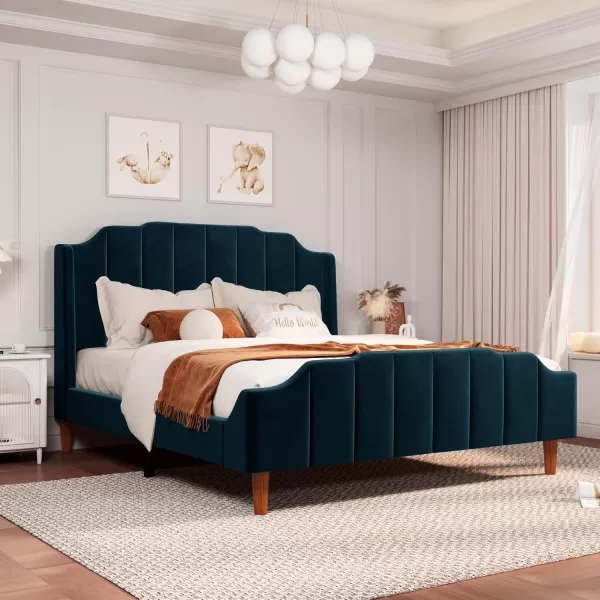 Allewie Queen Size Velvet Bed Frame Upholstered Platform Bed with Vertical Headboard and Footboard Solid Wood Leg and Strong Slats Support No Box Spring Needed Easy Assembly BlueBlue