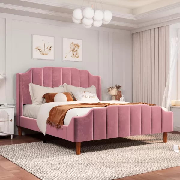 Allewie Queen Size Velvet Bed Frame Upholstered Platform Bed with Vertical Headboard and Footboard Solid Wood Leg and Strong Slats Support No Box Spring Needed Easy Assembly BluePink