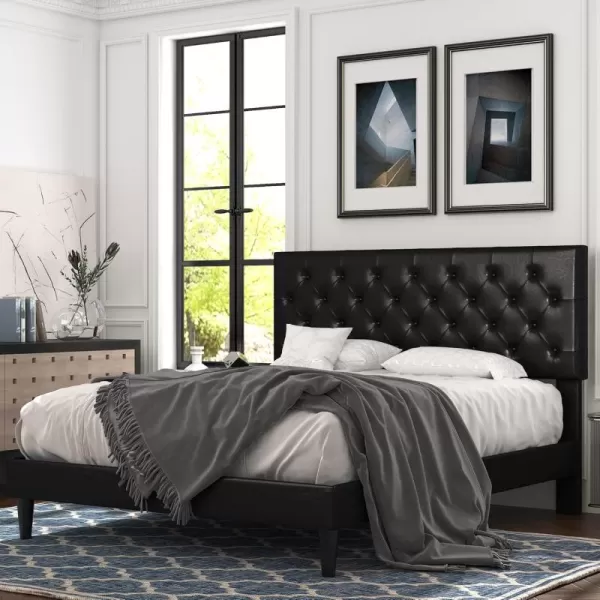 Allewie King Bed Frame with Adjustable HeadboardDiamond Stitched Button TuftedFabric Upholstered Platform Bed FrameWood Slat SupportNo Box Spring NeededEasy Assembly Dark GreyDeep Black