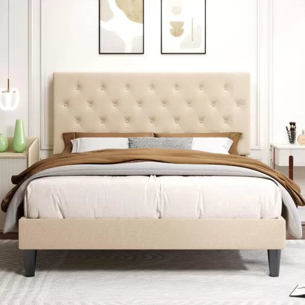 Allewie King Bed Frame with Adjustable HeadboardDiamond Stitched Button TuftedFabric Upholstered Platform Bed FrameWood Slat SupportNo Box Spring NeededEasy Assembly Dark GreyBeige