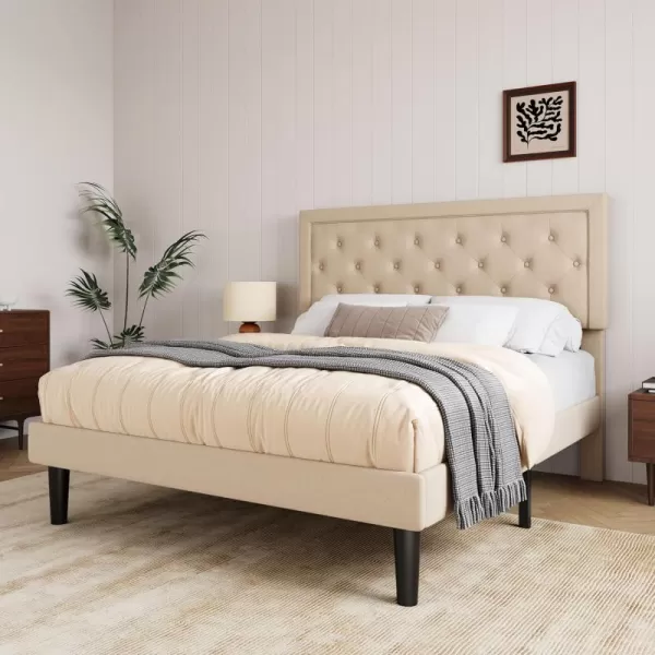 Allewie Queen Size Button Tufted Platform Bed FrameFabric Upholstered Bed Frame with Adjustable HeadboardWood Slat SupportMattress FoundationDark Grey QueenBeige