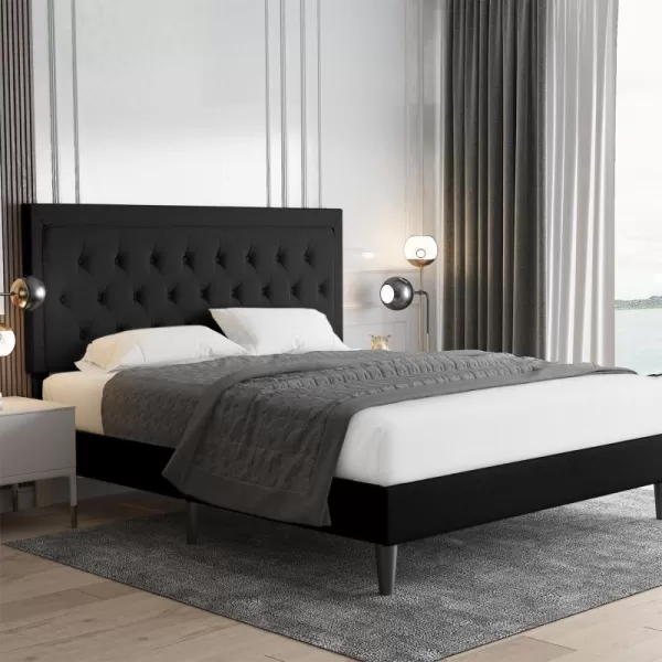 Allewie Queen Size Button Tufted Platform Bed FrameFabric Upholstered Bed Frame with Adjustable HeadboardWood Slat SupportMattress FoundationDark Grey QueenBlack