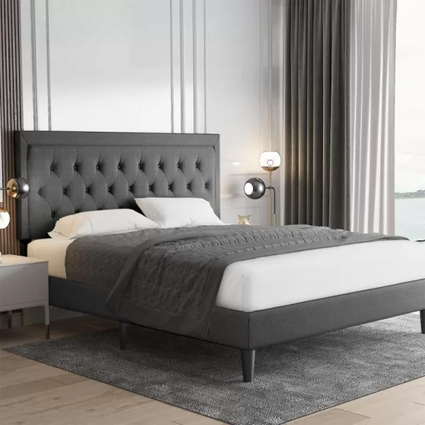 Allewie Queen Size Button Tufted Platform Bed FrameFabric Upholstered Bed Frame with Adjustable HeadboardWood Slat SupportMattress FoundationDark Grey QueenDark Grey