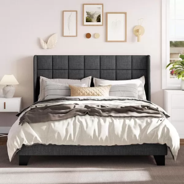 Allewie Queen Size Platform Bed Frame with Wingback Fabric Upholstered Square Stitched Headboard and Wooden Slats Mattress Foundation Box Spring Optional Easy Assembly Dark BlueDark Grey