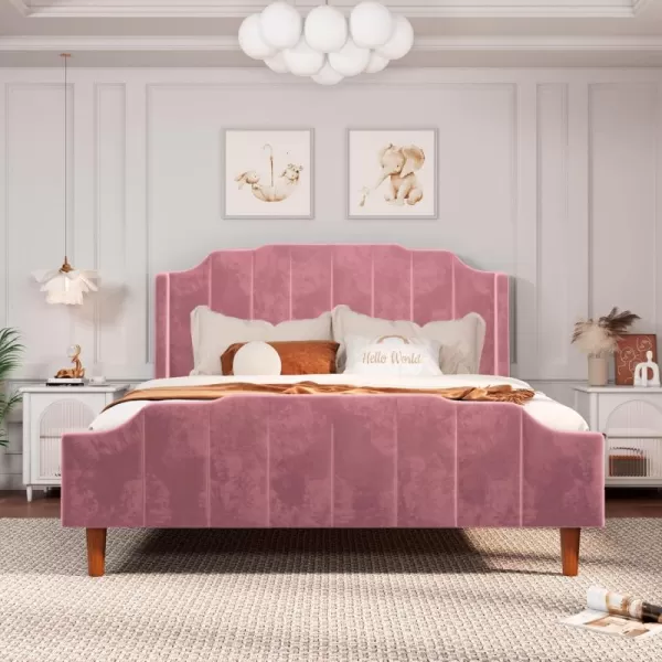 Allewie Queen Size Velvet Bed Frame Upholstered Platform Bed with Vertical Headboard and Footboard Solid Wood Leg and Strong Slats Support No Box Spring Needed Easy Assembly BluePink