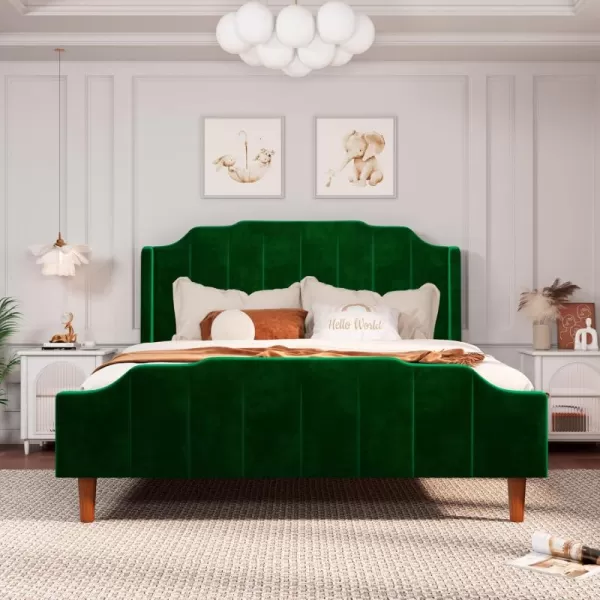 Allewie Queen Size Velvet Bed Frame Upholstered Platform Bed with Vertical Headboard and Footboard Solid Wood Leg and Strong Slats Support No Box Spring Needed Easy Assembly BlueGreen