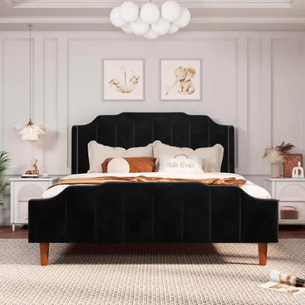 Allewie Queen Size Velvet Bed Frame Upholstered Platform Bed with Vertical Headboard and Footboard Solid Wood Leg and Strong Slats Support No Box Spring Needed Easy Assembly BlueBlack