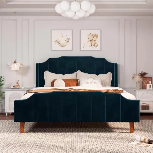 Allewie Queen Size Velvet Bed Frame Upholstered Platform Bed with Vertical Headboard and Footboard Solid Wood Leg and Strong Slats Support No Box Spring Needed Easy Assembly BlueBlue