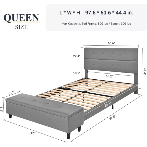 Allewie Queen Bed Frame with 120L Ottoman Storage Upholstered Platform Bed Frame with Mattress Foundation Wood Slat Support No Box Spring Needed GreyGrey