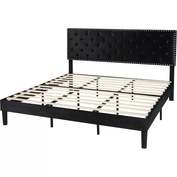 imageAllewie King Bed Frame Velvet Upholstered Platform Bed with Adjustable Diamond Button Tufted ampamp Nailhead Trim Headboard Wood Slat Support Easy Assembly No Box Spring Needed Dark GreenBlack