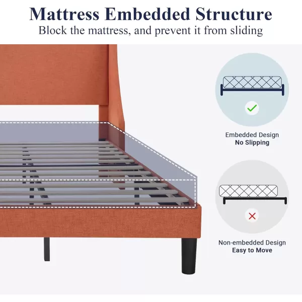 imageAllewie King Size Bed Frame Platform Bed Frame with Upholstered Headboard Modern Deluxe Wingback Wood Slat Support Mattress Foundation Peacock GreenBurnt Orange