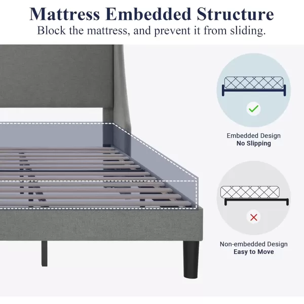 imageAllewie King Size Bed Frame Platform Bed Frame with Upholstered Headboard Modern Deluxe Wingback Wood Slat Support Mattress Foundation Peacock GreenLight Grey