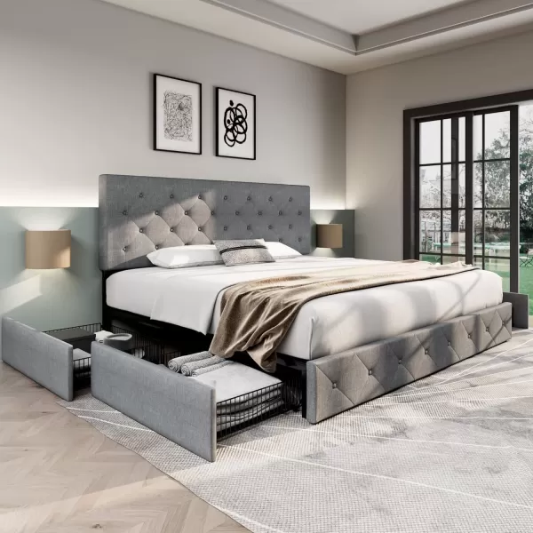 imageAllewie King Size Platform Bed Frame with 4 Storage Drawers and HeadboardUpholstered Diamond Stitched Button TuftedWooden Slats SupportMattress FoundationNo Box Spring NeededWhiteLight Grey