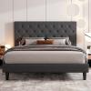 imageAllewie Queen Bed Frame with Adjustable Diamond Stitched Button Tufted HeadboardFaux Leather Upholstered Platform Bed with EasyAssembly Wood slats BlackDark Grey