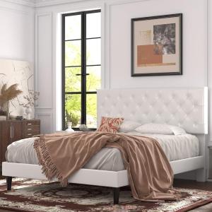 imageAllewie Queen Bed Frame with Adjustable Diamond Stitched Button Tufted HeadboardFaux Leather Upholstered Platform Bed with EasyAssembly Wood slats BlackOffwhite