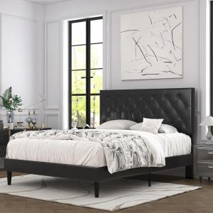imageAllewie Queen Bed Frame with Adjustable Diamond Stitched Button Tufted HeadboardFaux Leather Upholstered Platform Bed with EasyAssembly Wood slats BlackBlack