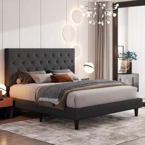 imageAllewie Queen Bed Frame with Adjustable Diamond Stitched Button Tufted HeadboardFaux Leather Upholstered Platform Bed with EasyAssembly Wood slats BlackDark Grey