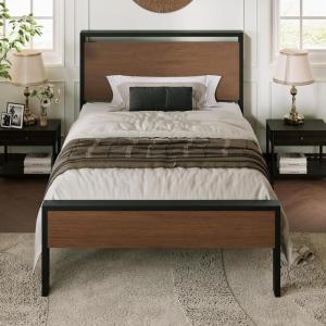 imageAllewie Twin Size Platform Bed Frame with Wooden Headboard and Footboard Heavy Duty Metal Slats Support No Box Spring Needed UnderBed Storage Noise Free Easy Assembly Black OakWalnut