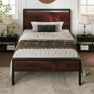 imageAllewie Twin Size Platform Bed Frame with Wooden Headboard and Footboard Heavy Duty Metal Slats Support No Box Spring Needed UnderBed Storage Noise Free Easy Assembly Black OakMahogany