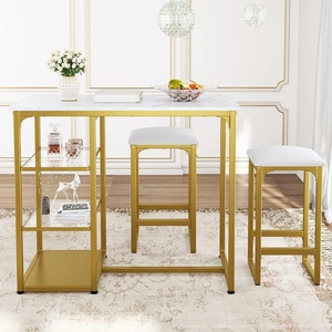 image:imageAllewie 3Piece Counter Height Dining Table Set Kitchen Dining Pub Bar Table with 2 Upholstered Stools amp 3 Open Storage Shelves Metallic Gold
