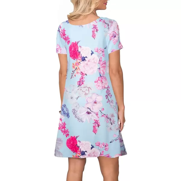 FZ FANTASTIC ZONE Womens Casual Summer T Shirt Dresses Short Sleeve Swing Dress with PocketsBig Pink Floral Light Blue