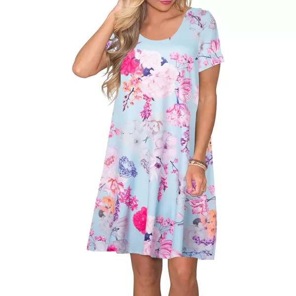 FZ FANTASTIC ZONE Womens Casual Summer T Shirt Dresses Short Sleeve Swing Dress with PocketsBig Pink Floral Light Blue