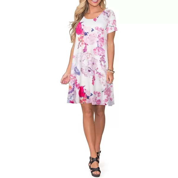FZ FANTASTIC ZONE Womens Casual Summer T Shirt Dresses Short Sleeve Swing Dress with PocketsBig Pink Floral White