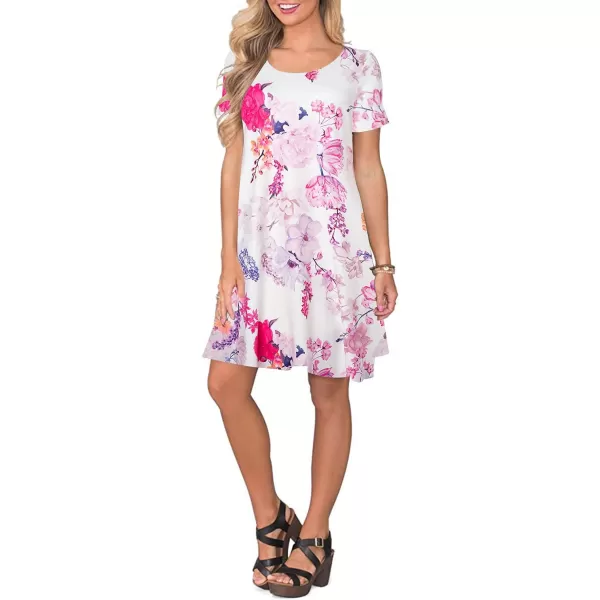 FZ FANTASTIC ZONE Womens Casual Summer T Shirt Dresses Short Sleeve Swing Dress with PocketsBig Pink Floral White